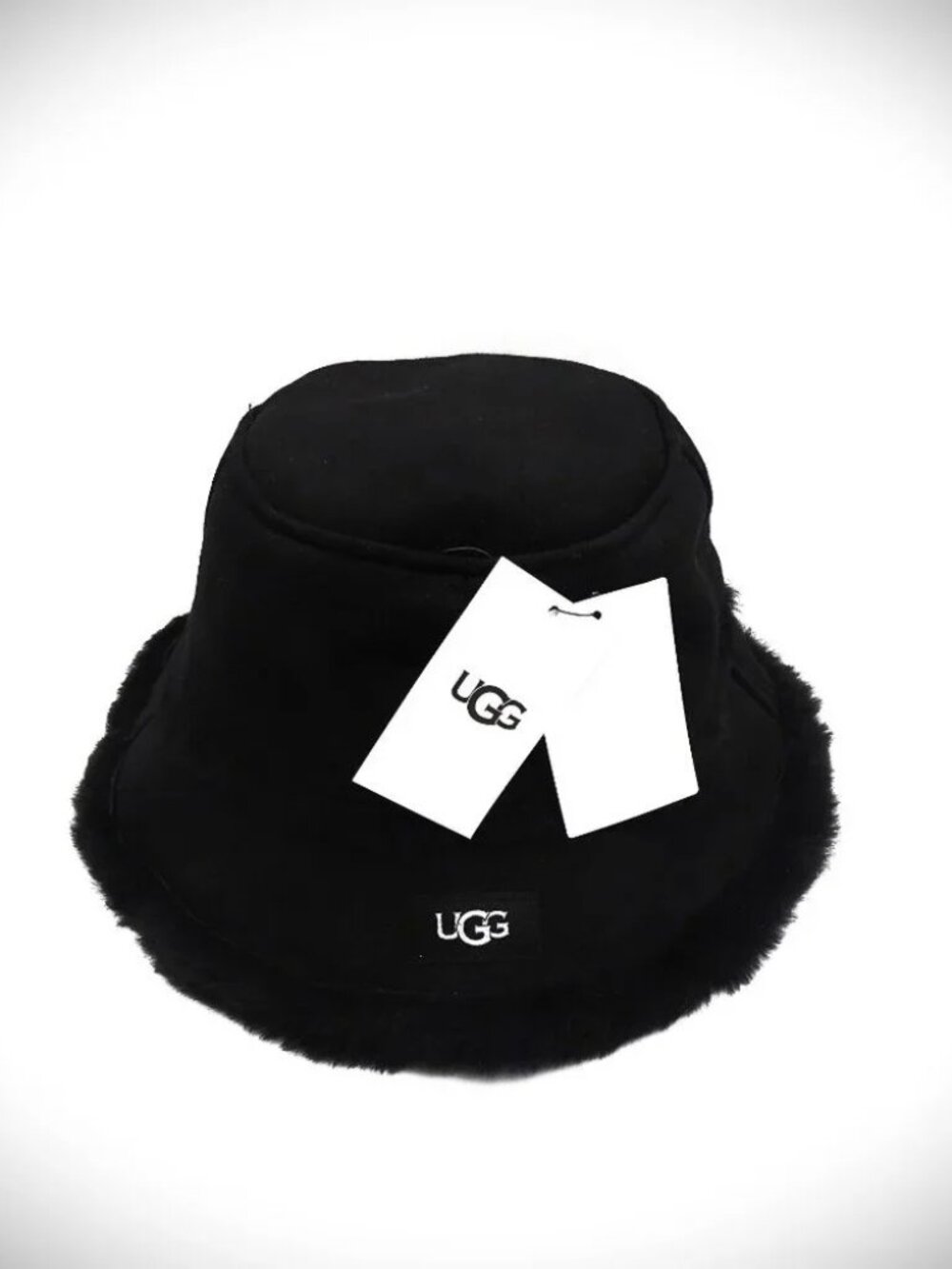 UGG Real Fur Over Sheepskin Black Shearling & Sheepskin Bucket Hat Size SM/PM